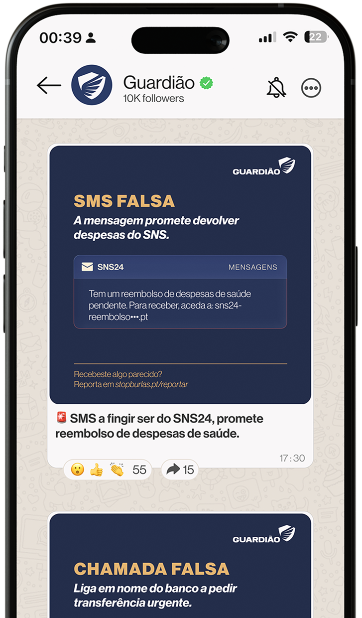 Canal de WhatsApp do Guardião com alertas de SMS e chamadas falsas